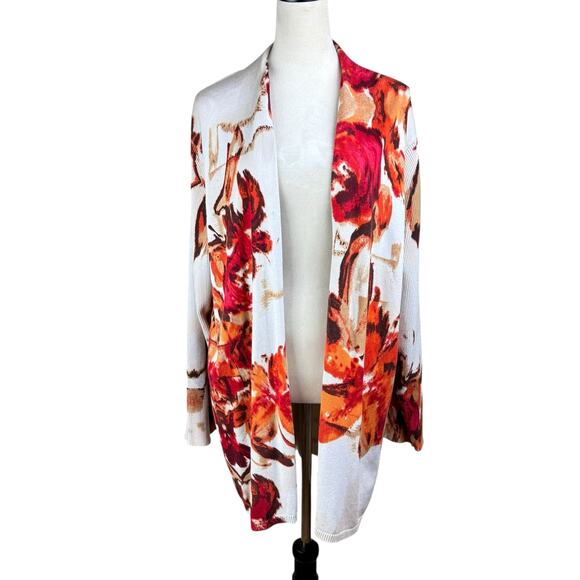 Carmen Marc Valvo Sweaters - Carmen Marc Valvo 3X Plus Orange Red Beige Floral Knit Open Cardigan Sweater